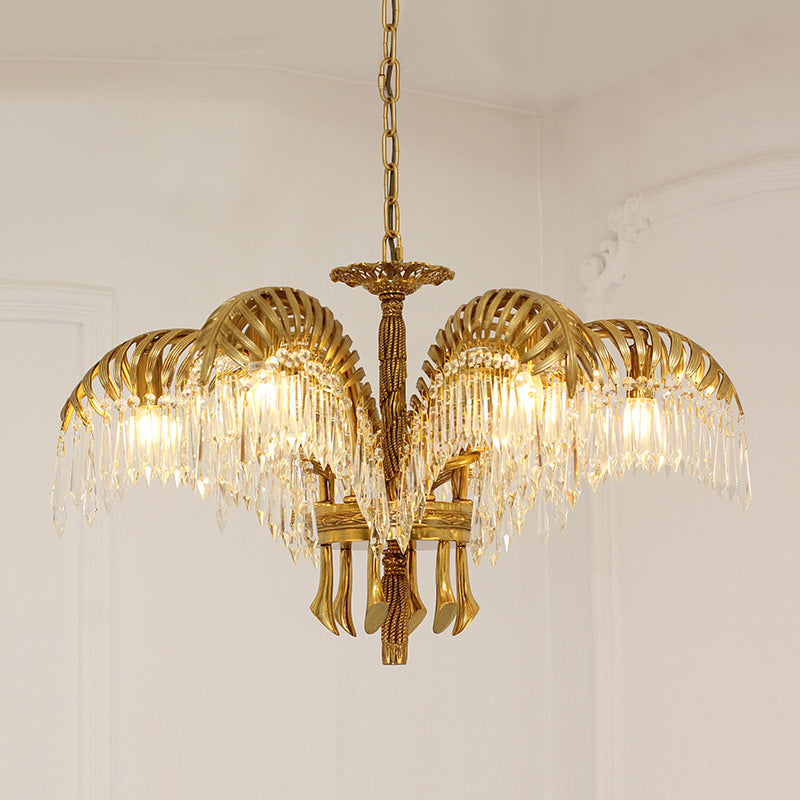 Brass Palm Leaf Crystal Chandelier Light