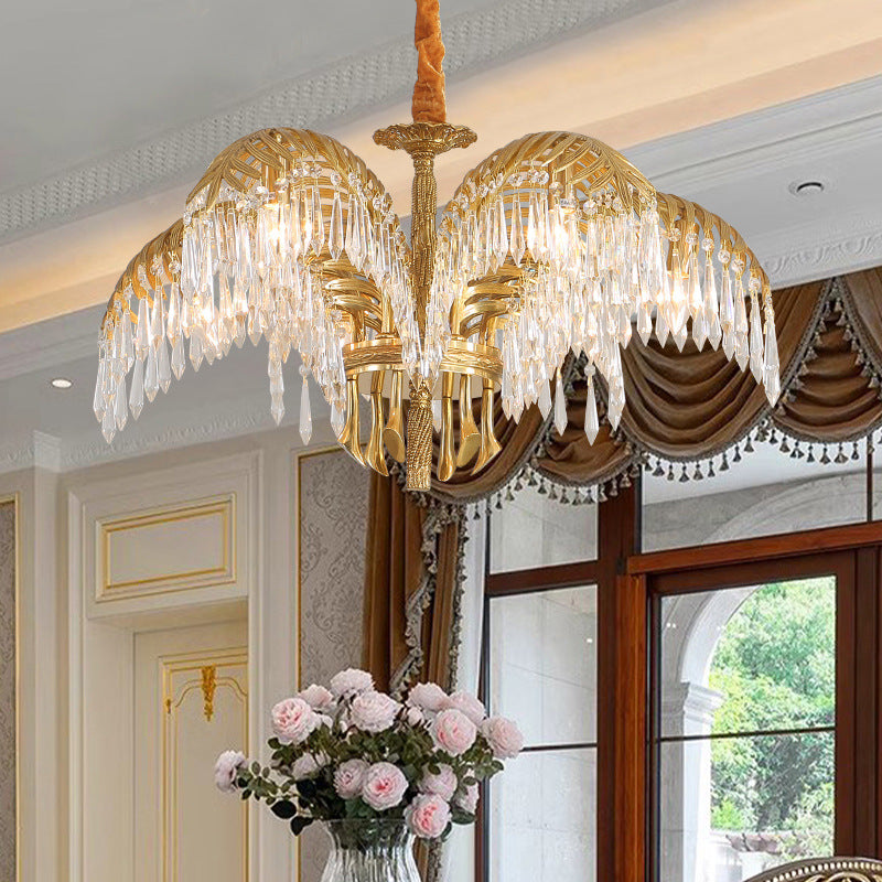 Brass Palm Leaf Crystal Chandelier Light