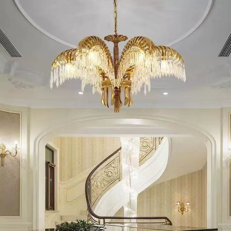 Brass Palm Leaf Crystal Chandelier Light