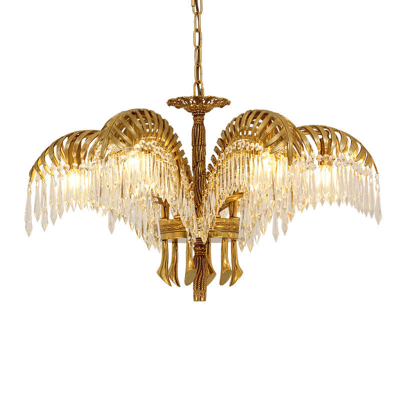 Brass Palm Leaf Crystal Chandelier Light