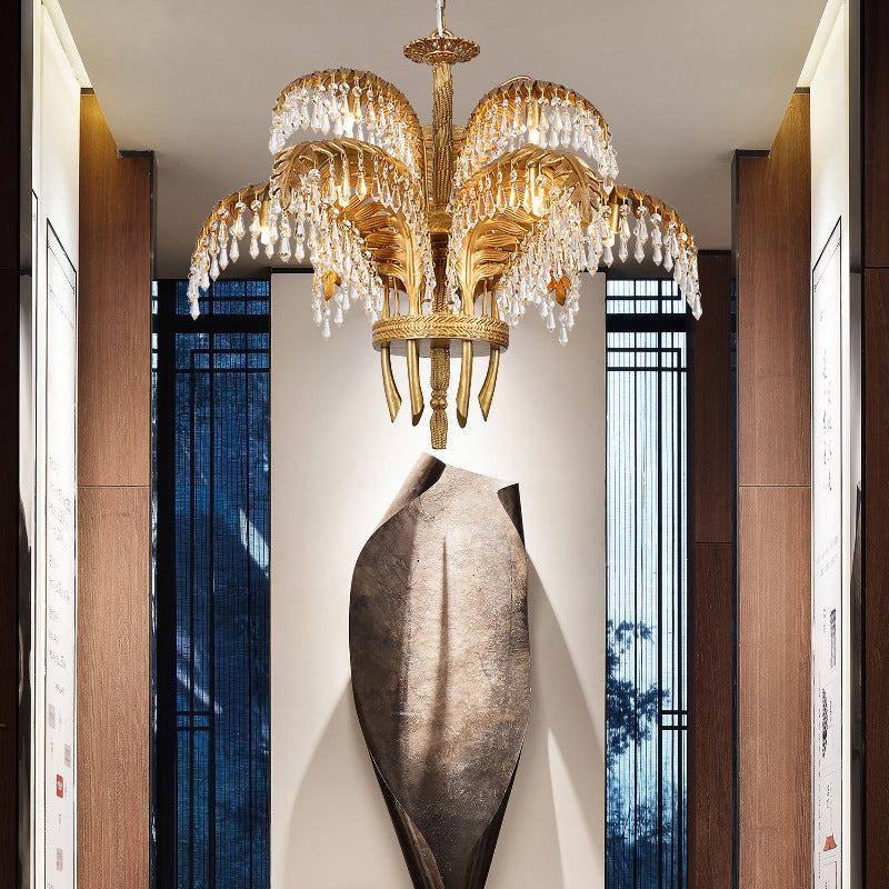 Brass Palm Leaf Crystal Chandelier Light