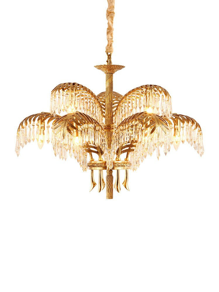 Brass Palm Leaf Crystal Chandelier Light