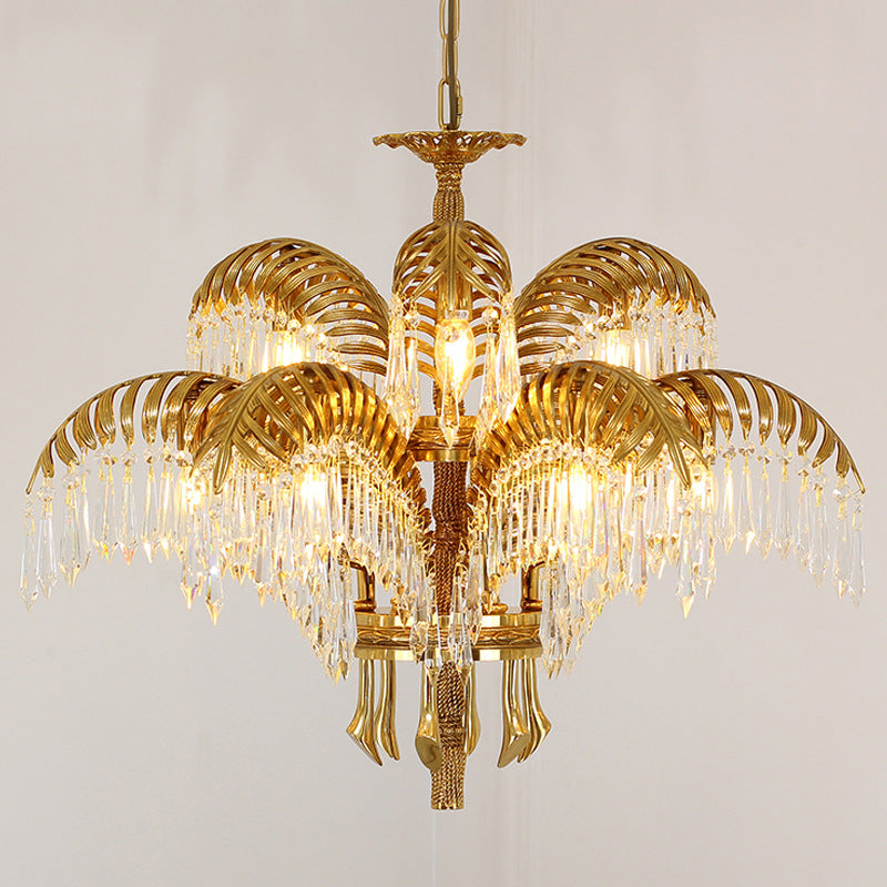 Brass Palm Leaf Crystal Chandelier Light