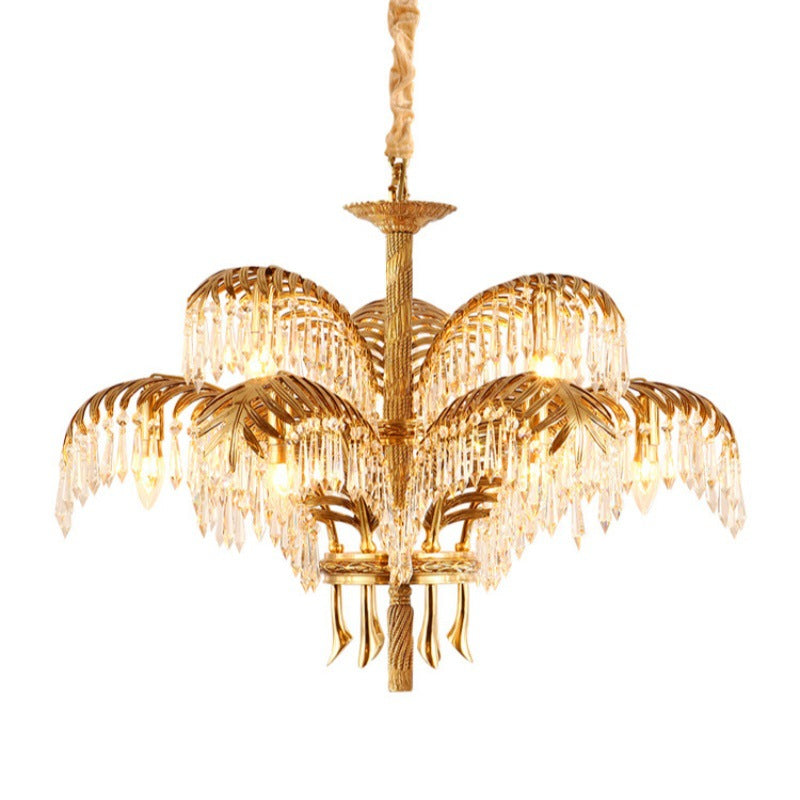 Brass Palm Leaf Crystal Chandelier Light