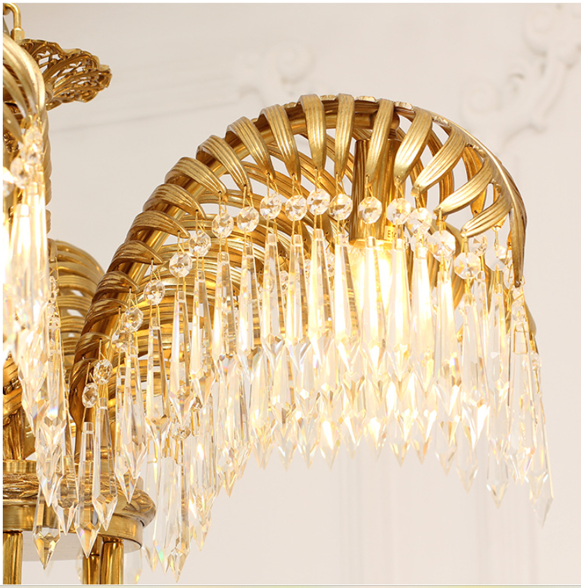 Brass Palm Leaf Crystal Chandelier Light