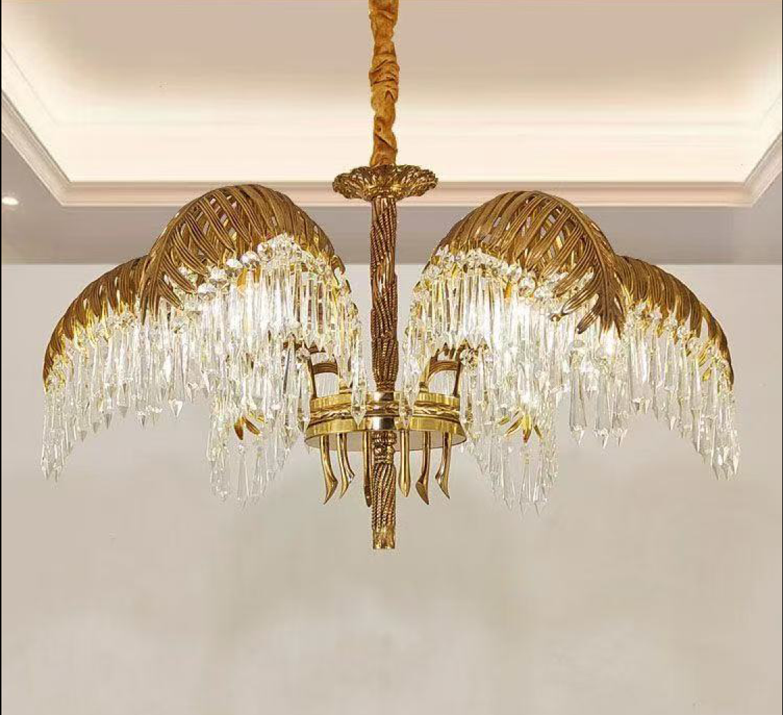 Brass Palm Leaf Crystal Chandelier Light